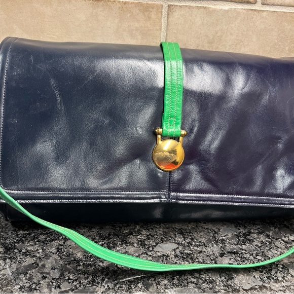 Vintage Allison Bag Genuine Leather Shoulder Strap Bag  Navy And Green - Picture 2 of 9